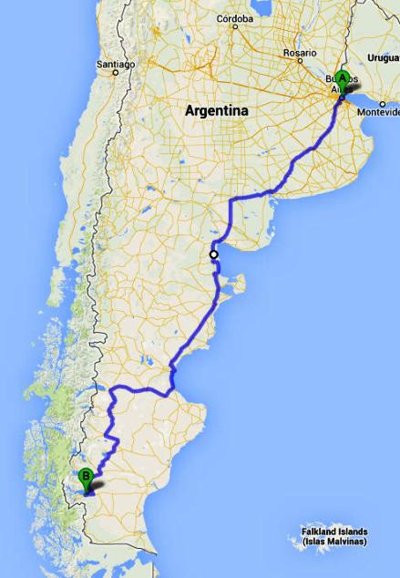 Od bBuenos Airesa do Calafate - cca 2.761 km